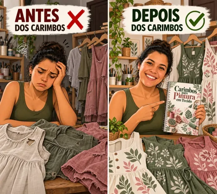 Antes e depois de criar estampas com carimbos artesanais