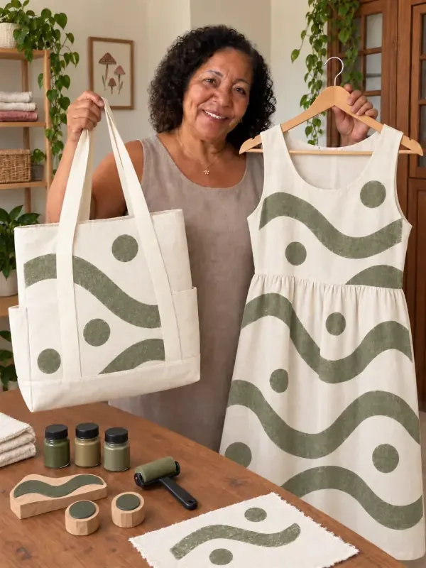 Mulher mostrando bolsa e vestido personalizados